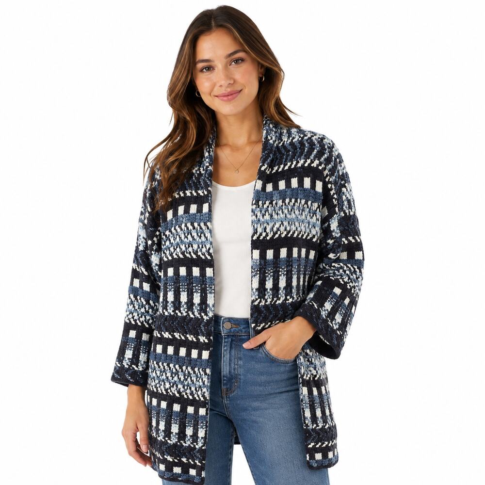 Vilagallo L/XL Blue Multi Knit Open Cardigan Sweater Cozy Cabincore Work